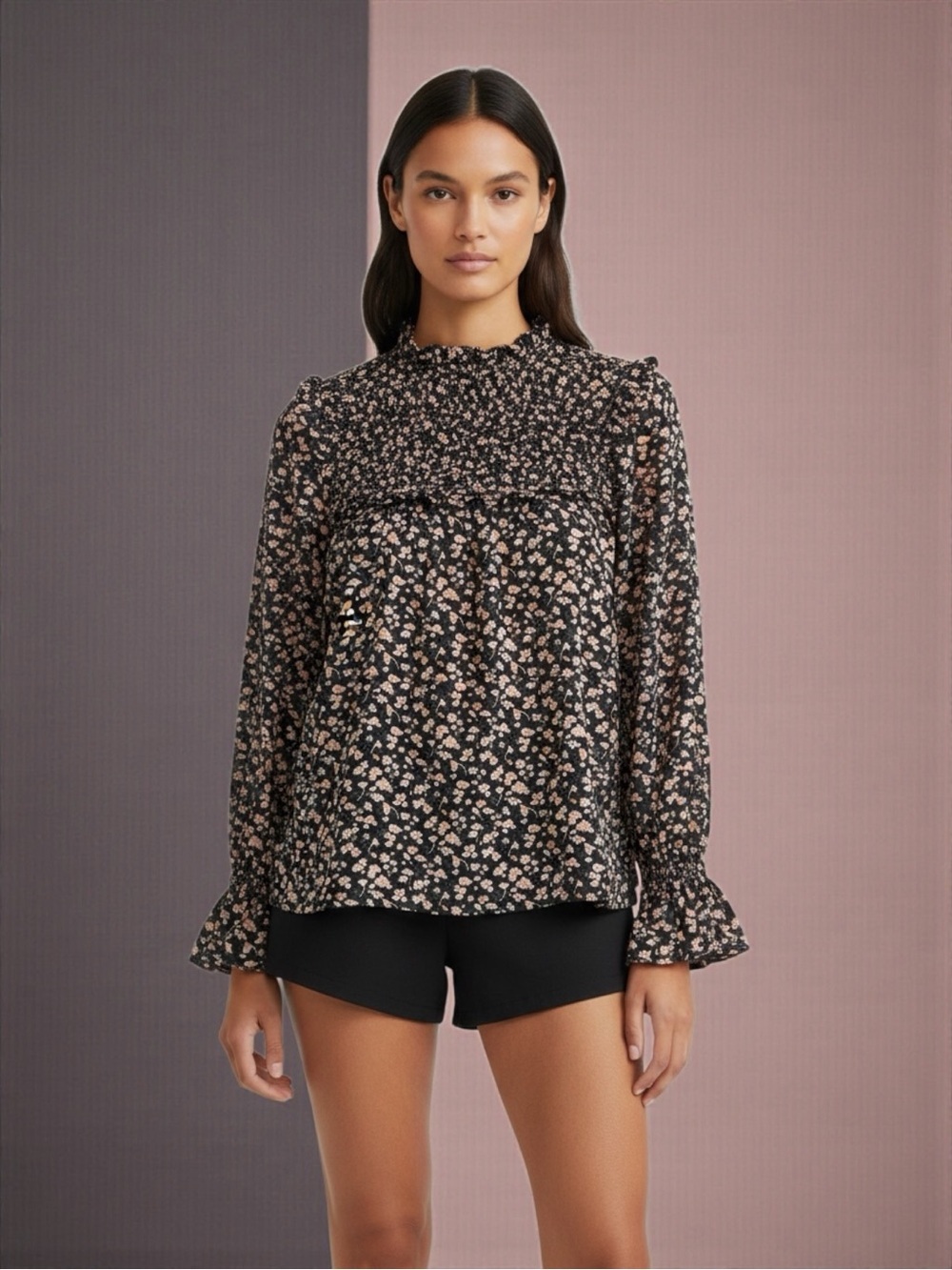 Merlette Pima Cotton Majorelle Print Long Sleeve Smocked Floral Blouse Size XS